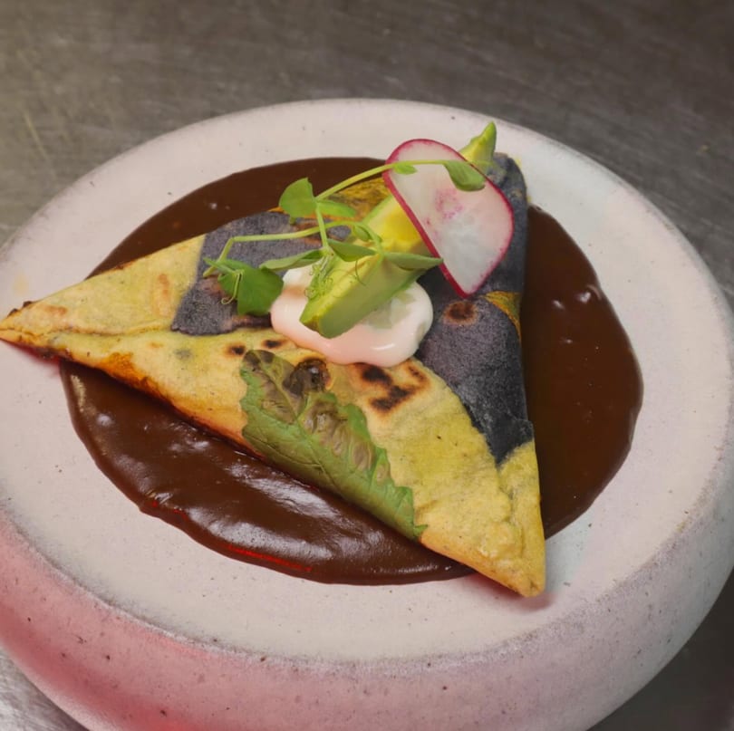 A triangular quesadilla with green and black tortillas, topped with avocado, radish, and microgreens, on a bed of dark mole sauce.