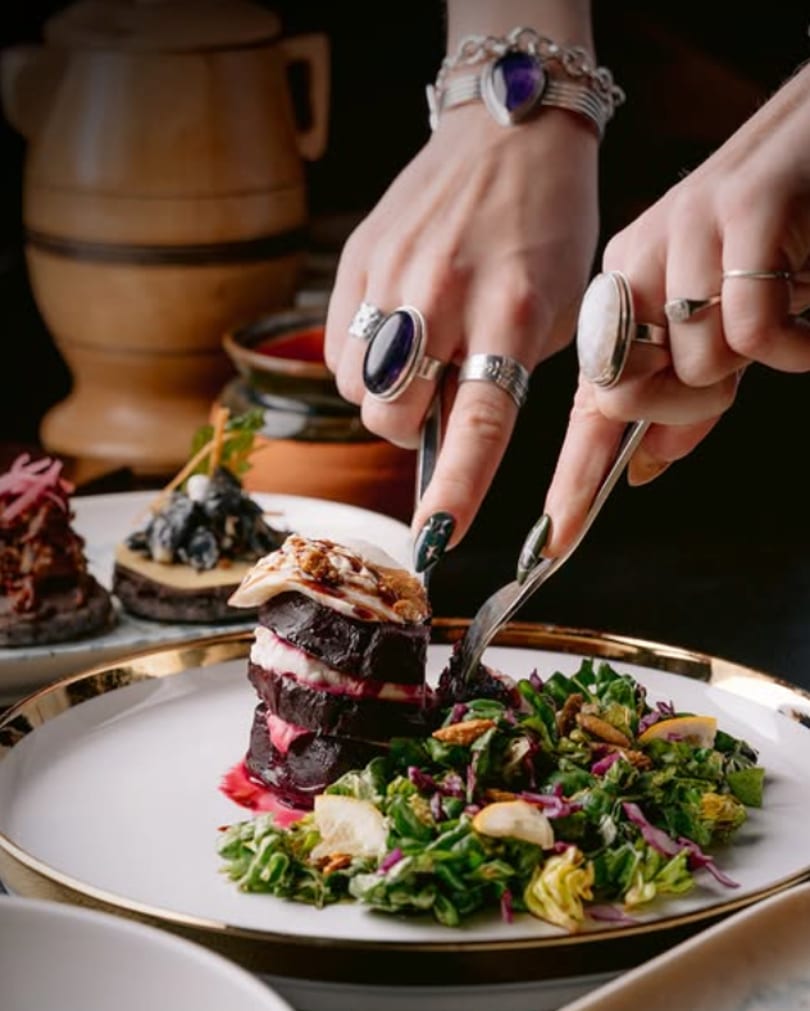 Plated beet stack with harvest salad