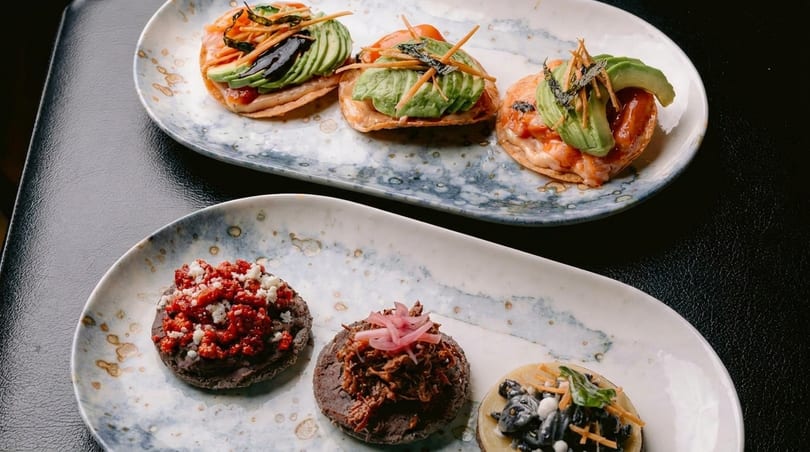Two plates of gourmet Mexican sopes and tostadas with various toppings like avocado, beans, and meat.